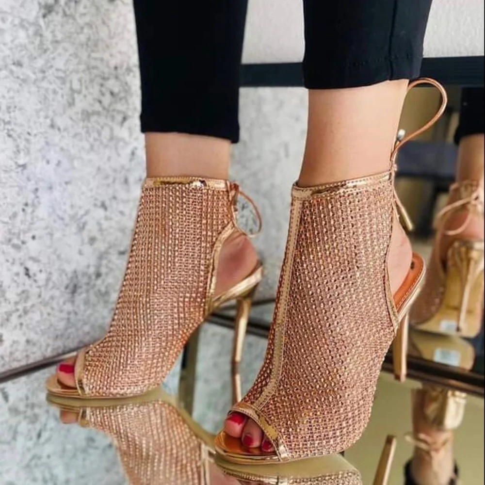 Restock 🎊Host Pick🎉Rose Gold Peep Toe Rhinestone Mesh Vegan Leather Heel Boots - Picture 5 of 5